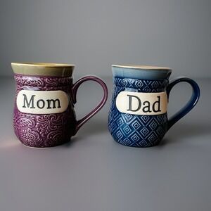 Cracker Barrel 16oz Embossed Mugs  Dad & Mom Mug Set Purple Blue Stoneware